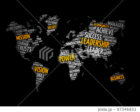 LEADERSHIP word cloud in shape of world map, business concept background LEADERSHIP word cloud in shape of world map, business concept background 97346831