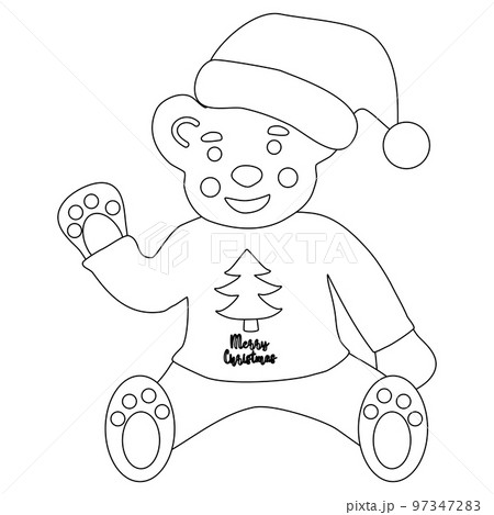 Cute white bear in Santa hat and sweater with Christmas tree, flat vector outline for coloring book 97347283