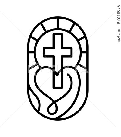 Religion line cross and heart in church. Vector logo icon illustration isolated. Jesus Christ on Calvary is center christianity. God forgiveness and loves people 97348056