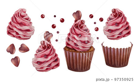 Hand drawn watercolor pink cupcake with heart for Valentines, wedding design, wallpaper, birthday, wrapping paper, sweets, gift boxes, chocolate mug. Elements isolated on white background. 97350925