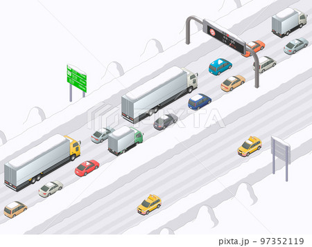 アイソメトリック図法で描いた渋滞中の高速道路のイメージ（雪道） 97352119