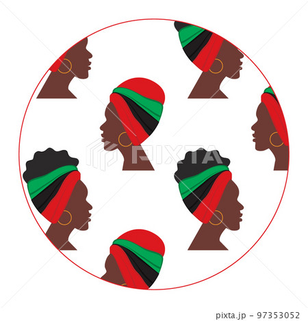 Outline circle shape with a pattern from the profile of African women turned in different directions 97353052