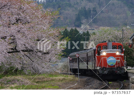 左沢線 羽前高松駅 桜と左沢線全通100周年記念号 左沢線 羽前高松駅 桜と左沢線全通100周年記念号 97357637