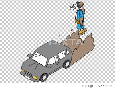 Isometric illustration of a car splashed with mud and a damaged and dirty woman 97358088