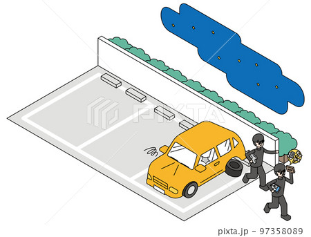 貴重品を盗られる自動車と犯罪者のアイソメイラスト 貴重品を盗られる自動車と犯罪者のアイソメイラスト 97358089
