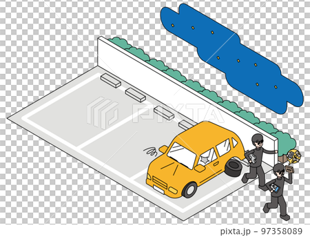 Isometric illustration of a car and a criminal whose valuables are stolen 97358089