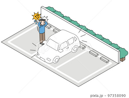 盗まれた自動車と驚く男性のアイソメイラスト 97358090