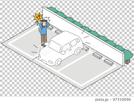 盗まれた自動車と驚く男性のアイソメイラスト 97358090