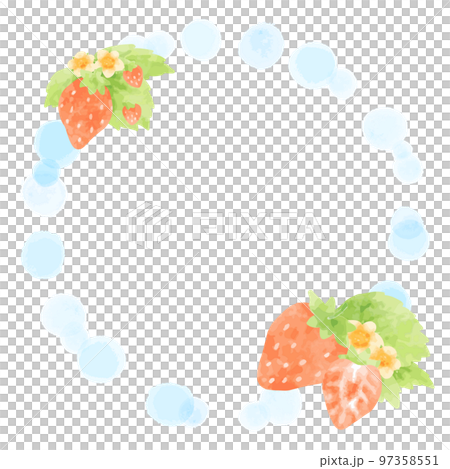 かわいい手描きの苺と水玉模様の円形フレーム 97358551