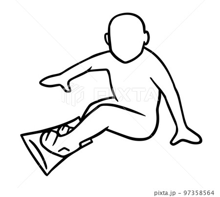 スノーボードをする人、ヒールサイド、シルエット、白黒 97358564