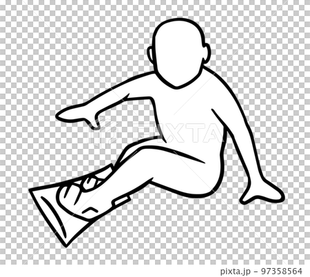 スノーボードをする人、ヒールサイド、シルエット、白黒 97358564