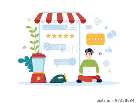 Electronics Review with Customer Rating Quality of Service or Application and Provide Feedback in Flat Cartoon Hand Drawn Templates Illustration Electronics Review with Customer Rating Quality of Service or Application and Provide Feedback in Flat Cartoon Hand Drawn Templates Illustration 97358634