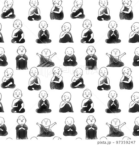 Seamless pattern with cute cartoon buddhist monks. Can be used for wallpaper, pattern fills, textile, web page background, surface textures 97359247