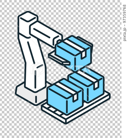 積荷作業をするロボット。ダンボールを運ぶ機械のベクターイラスト素材。 97359768