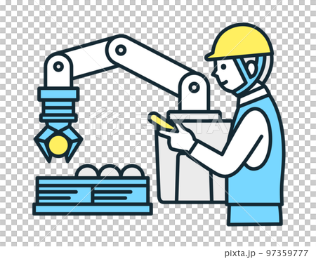 人と協力しながら働く産業用ロボット。協働ロボットのベクターイラスト素材。。 97359777