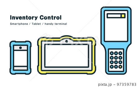 在庫管理業務に使う機器3点。スマートフォン・タブレット・ハンディターミナルのイラスト。 97359783