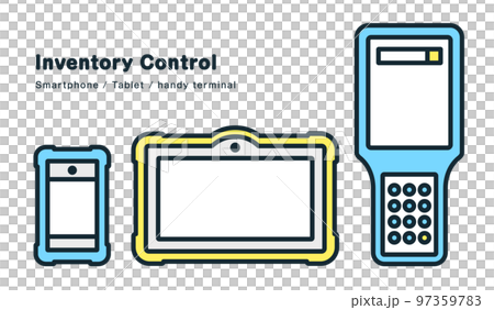 在庫管理業務に使う機器3点。スマートフォン・タブレット・ハンディターミナルのイラスト。 97359783