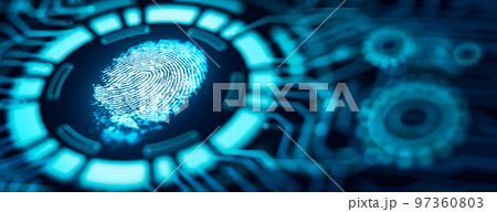 Fingerprint technology scan provides security access. Advanced technological verification future and cybernetic. Biometrics authentication and identity Concept. 3D Rendering. 97360803