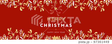 雪の結晶で作られたヤドリギと多くの植物で装飾されたクリスマスバナー広告のフレームテンプレート（赤） 97361449