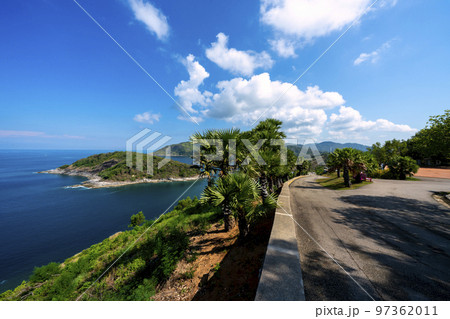 Promthep Cape is one of the most photographed locations in Phuket. Phromthep cape viewpoint at blue sea sky in Phuket, Thailand. 97362011