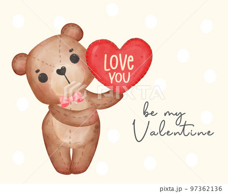 cute gentleman brown teddy bear hold red heart pillow, Be my Valentine, adorable cartoon watercolour hand drawn vector illustration  97362136