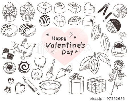 オシャレなバレンタインセット手描きのイラスト素材 [97362686] - PIXTA