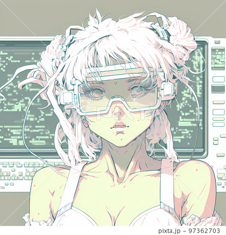 cyberpunk anime style illustration of an android girl