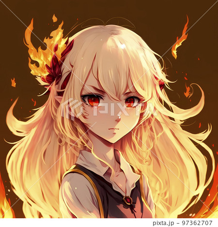 毛先が炎に包まれたブロンドヘアの少女「AI生成画像」のイラスト