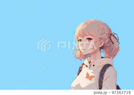 こちらを見つめるかわいい少女　アニメ絵（ブルーバック）「AI生成画像」 97362719