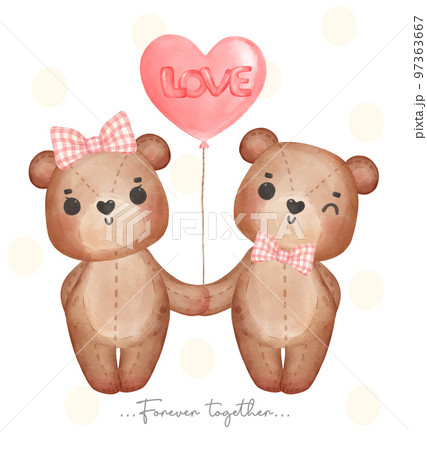cute classic couple brown teddy bears lover, boy and girl hold hand, forever together, Happy Valentine, adorable cartoon watercolor hand drawn vector illustration 97363667