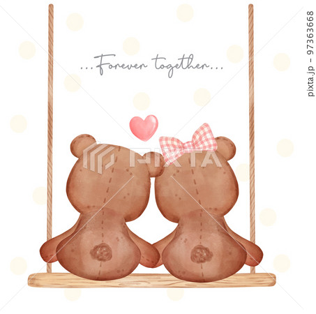 cute classic couple brown teddy bears, boy and girl hold hand sit on wooden swing, forever together, Happy Valentine, adorable cartoon watercolor hand drawn vector illustration 97363668