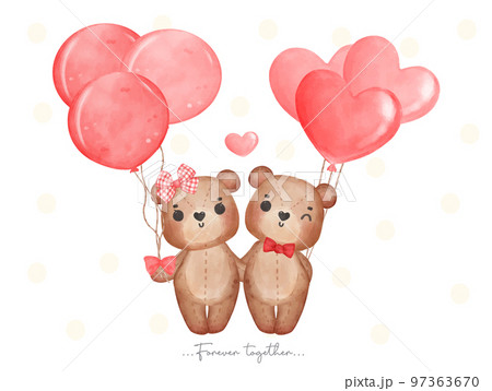 cute classic couple brown teddy bears, boy and girl hold hand with heart shape balloons Happy Valentine, adorable cartoon watercolor hand drawn vector illustration 97363670