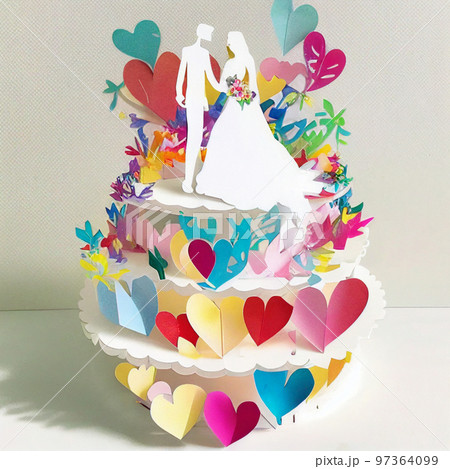 ペーパークラフト 華やかな結婚式の新郎新婦とウエディングケーキ AI