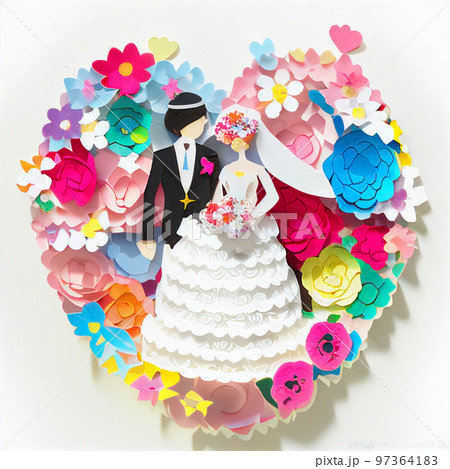 ペーパークラフト 華やかな結婚式の新郎新婦のイラスト素材