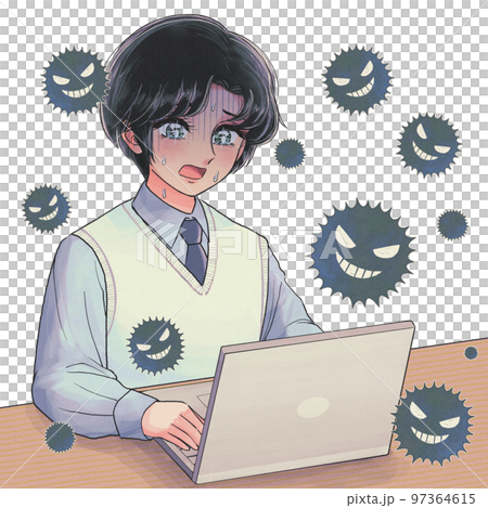 一名學生擔心計算機感染計算機病毒的插圖 一名學生擔心計算機感染計算機病毒的插圖 97364615