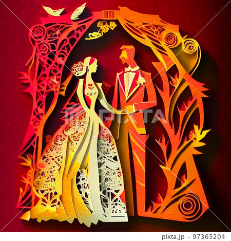 ペーパークラフトでできた赤と金の結婚式の花嫁と花婿のイラストのイラスト素材