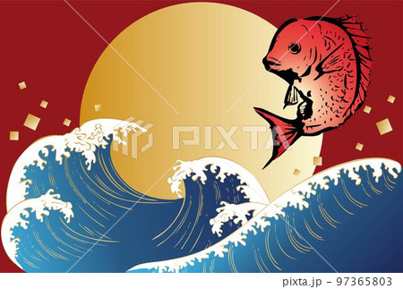 墨絵の鯛と海の和風フレーム　背景　イラスト素材　 97365803
