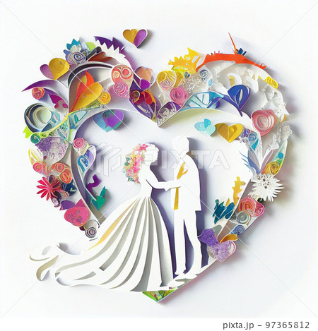 ペーパークラフトでできた結婚式の花嫁と花婿のイラストのイラスト素材