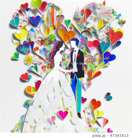 ペーパークラフトでできた結婚式の花嫁と花婿のイラストのイラスト素材