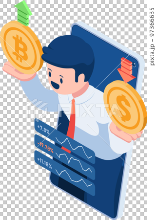 Isometric Businessman or Trader Holding Bitcoin and Dollar Coin Isometric Businessman or Trader Holding Bitcoin and Dollar Coin 97366635