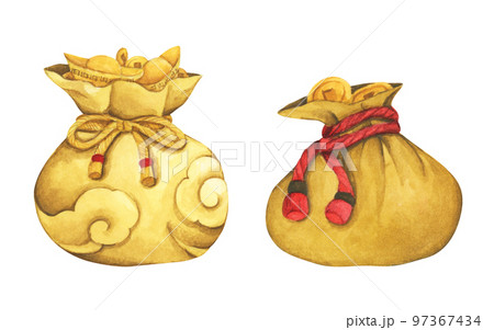 Yellow fortune bag full of Gold coins and Chinese gold ingot. Watercolor illustration. 97367434