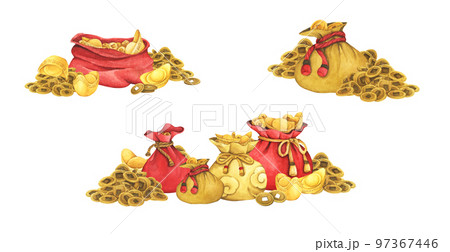 Bag full of Gold coins and Chinese gold ingot. Watercolor illustration. 97367446