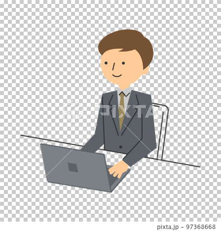 一個棕色頭髮的男人在他辦公桌前的電腦上工作 97368668