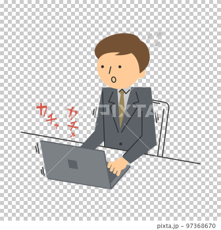 一個棕色頭髮的男人在辦公桌前不耐煩地操作電腦 97368670