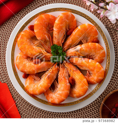 Delicious shrimp soaked in Chinese wine for lunar new year's dishes. 97368982