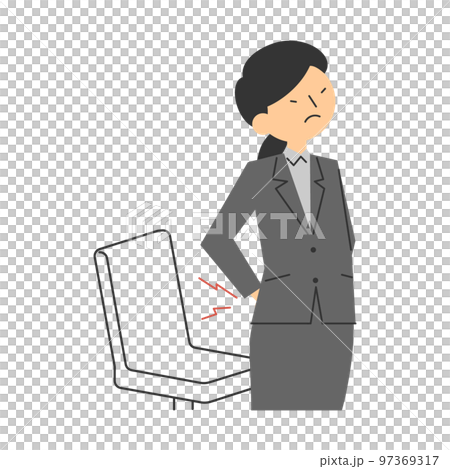 一個黑髮女人從椅子上站起來伸展臀部 97369317