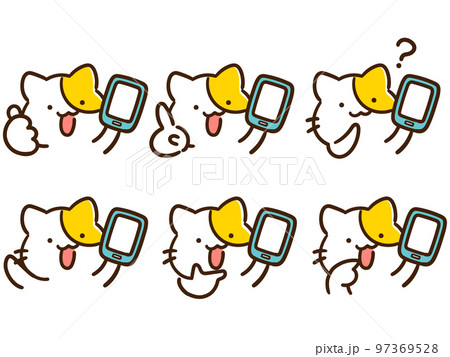 スマホを持って色々なポーズをとるかわいい手書き風ねこのキャラクターセット 97369528