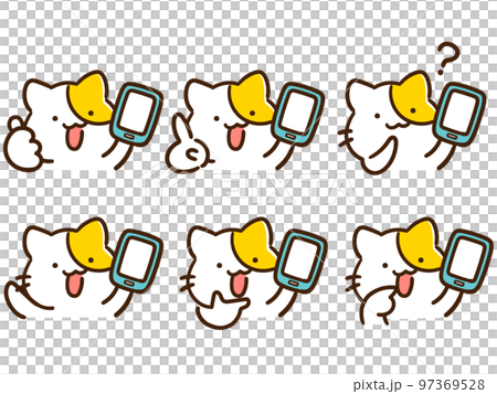 スマホを持って色々なポーズをとるかわいい手書き風ねこのキャラクターセット 97369528