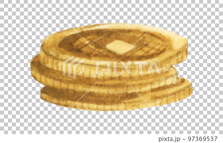Chinese gold coins with hole. Golden money. Watercolor illustration. 97369537