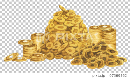 Gold coins and Chinese gold ingot. Watercolor illustration. 97369562